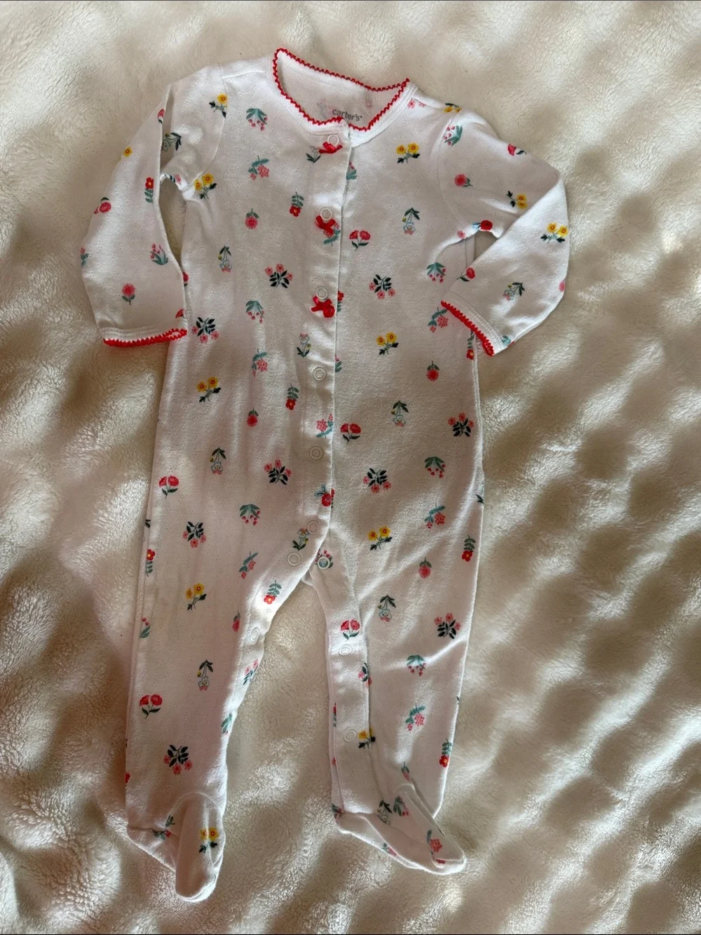Carter's White Floral Footed One-Piece with Red Trim